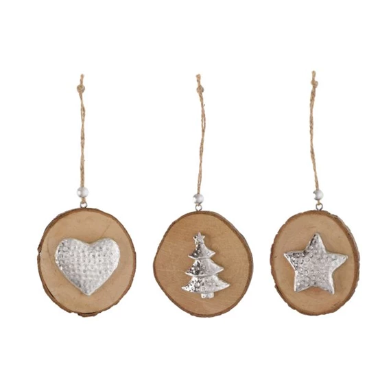 Akasztós dísz szívvel, csillaggal, fenyőfával 5,4x4,9x0,9 cm 3 féle