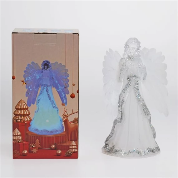 Angyal könyvvel, trombitával álló, glitteres, LED-es 11x13 cm 2féle