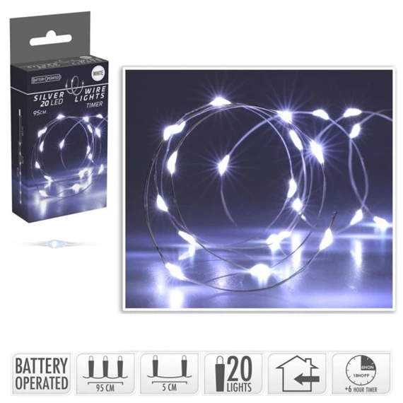 Fényfüzér elemes, időzítővel, 20 LED-es, beltéri 0,95 m