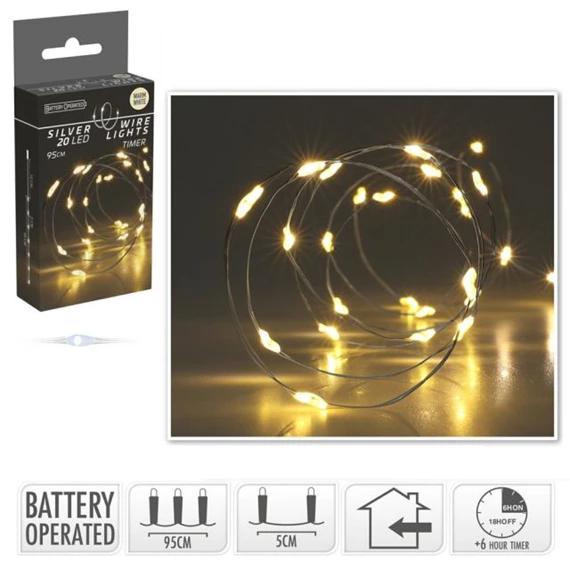 Fényfüzér elemes, időzítővel, 20 LED-es, beltéri 0,95 m