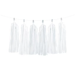 Girland bojtokkal, fehér, 30 cm x 1,5 m