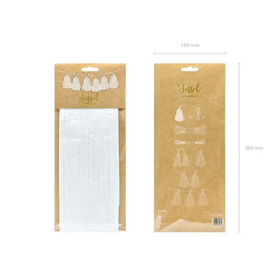 Girland bojtokkal, fehér, 30 cm x 1,5 m