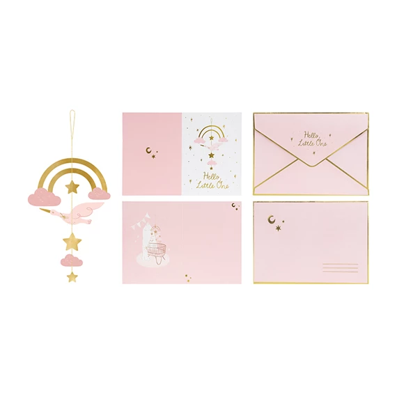 Kártya függő dekoráció gólya világos rózsaszín 14x20 cm