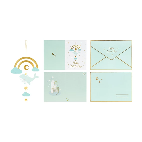 Kártya függő dekorációval bálna, világos tiffany kék, 14x20 cm