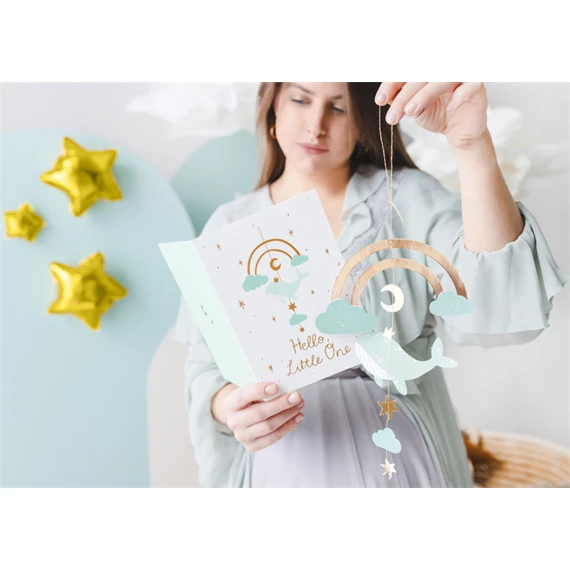 Kártya függő dekorációval bálna, világos tiffany kék, 14x20 cm