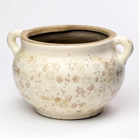 Kaspó füllel virág mintával kerámia 25x15x25 cm krém, barna