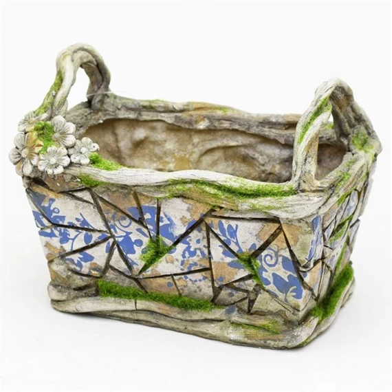 Kaspó kosár formájú kerámia 18,5x12x13,5 cm kék, szürke
