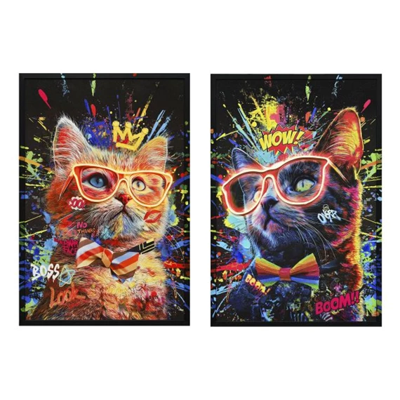 Kép keretes, kézzel festett, LED-es, macska 63x3x93 cm 2 féle