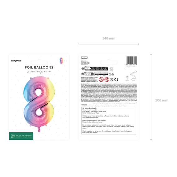 Lufi 8-as szám fólia 86 cm pasztell szivárvány