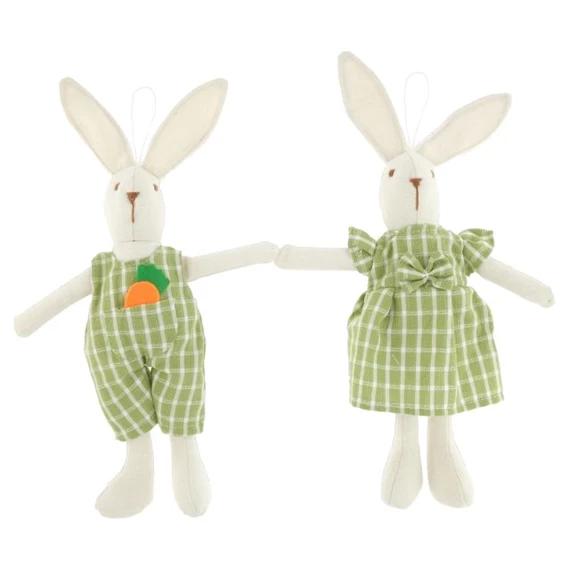 Nyúl fiú, lány kockás ruhában, akasztós 25 cm 2 féle