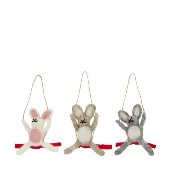 Nyúl hintában, nemezelt, akasztós 10x4x10,5 cm 3féle