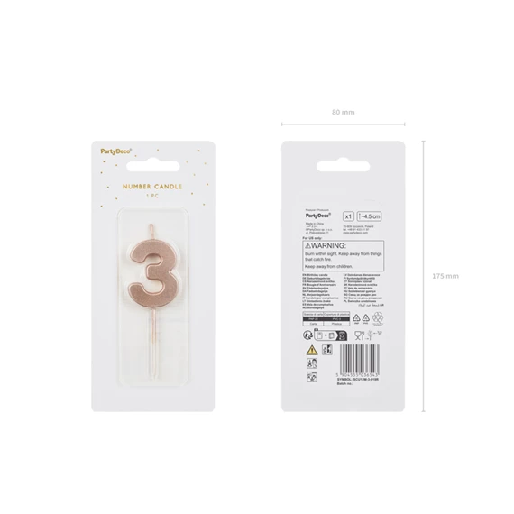 Szülinapi gyertya 3-as szám rózsaarany 4,5 cm