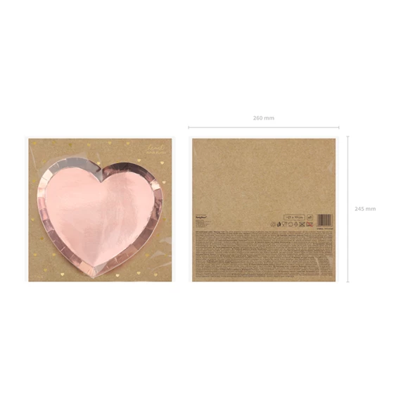 Papírtányér szív alakú rózsaarany 21x19 cm S/6